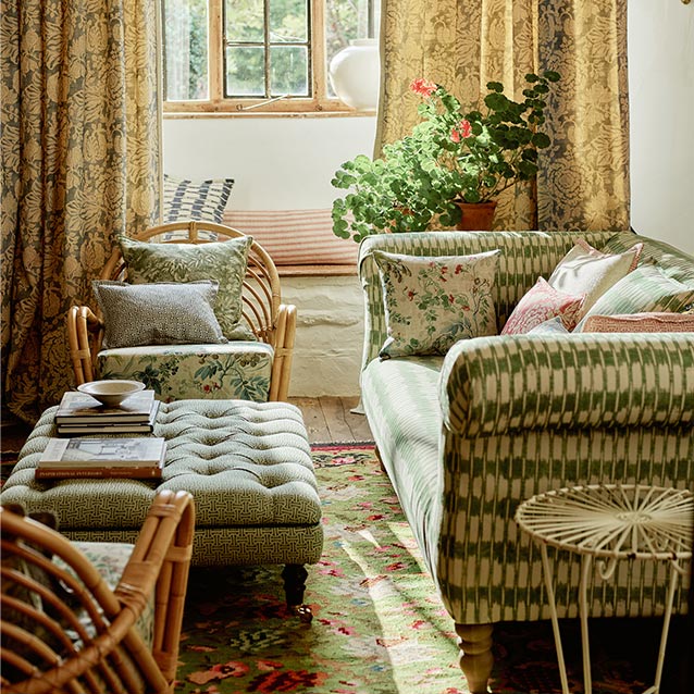 Exbury 3 Seater Sofa in V&A Brompton Collection Ikat Basil Curtains in V&A Brompton Collection Flowering Kale